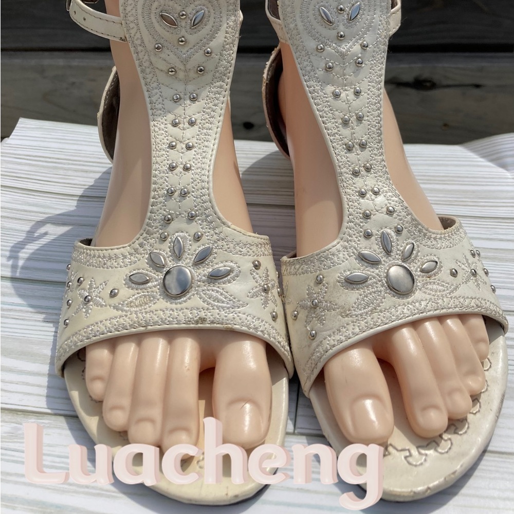 Luacheng Womens White Studded Leather Low Heeled Sandals 7